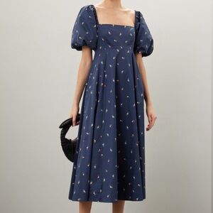 Hill House Matilda Dress Navy Blue Floral Midi Puff Sleeve Square Neck Medium